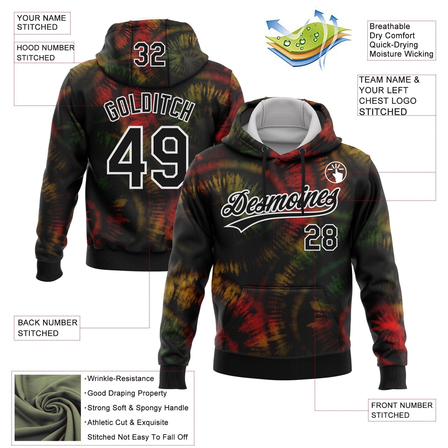 Custom Stitched Tie Dye Black-White 3D Sports Pullover Sweatshirt Hoodie view 2