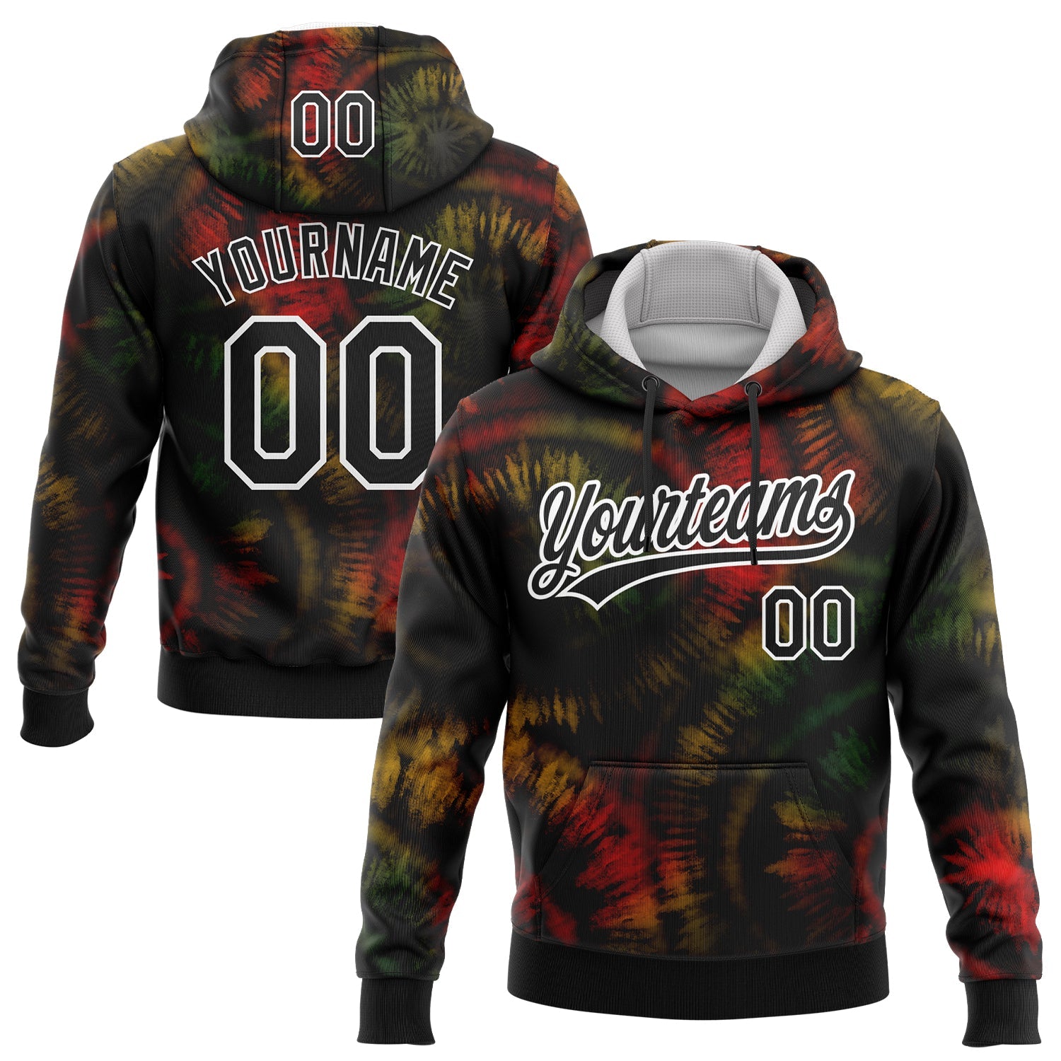 Custom Stitched Tie Dye Black-White 3D Sports Pullover Sweatshirt Hoodie - Main View