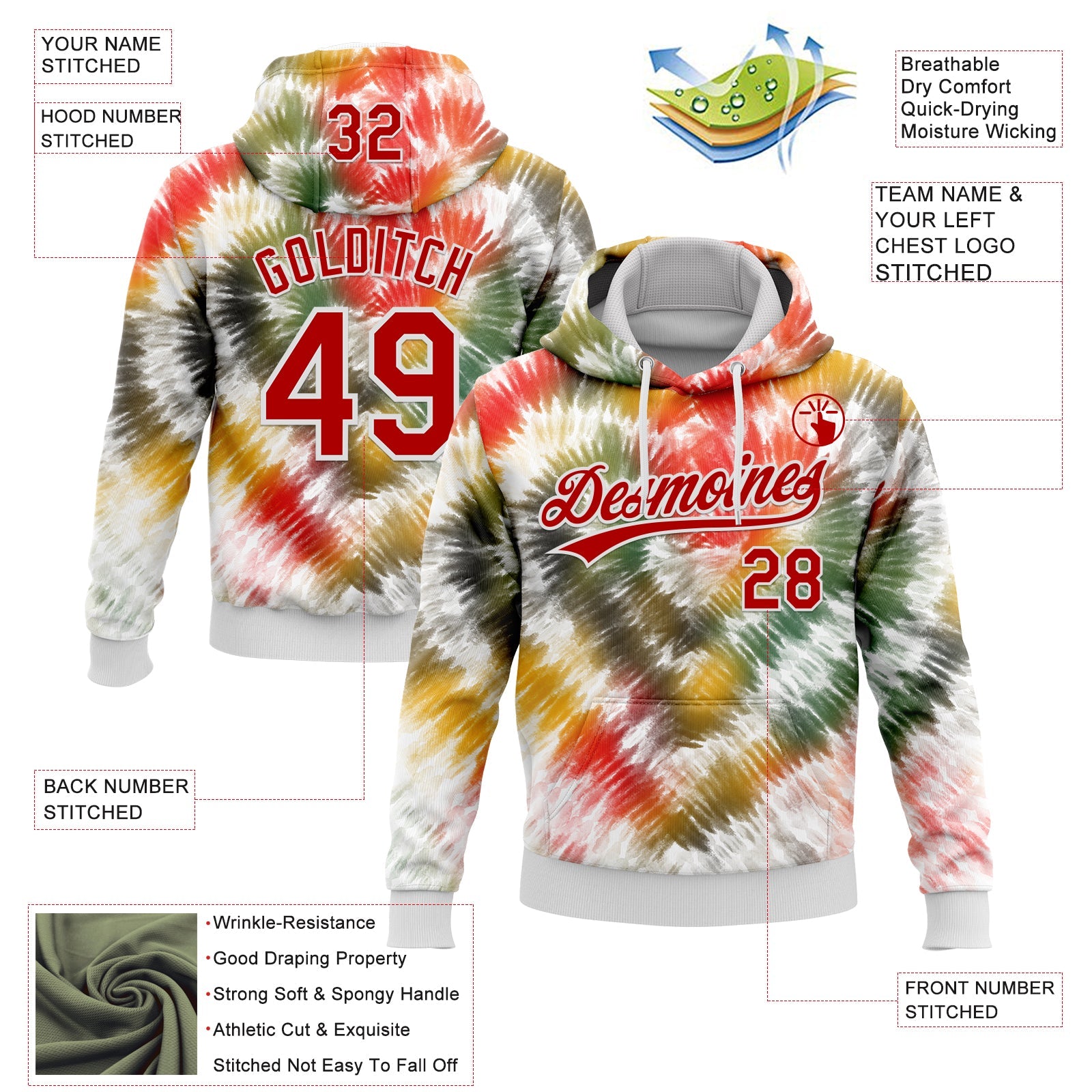Custom Stitched Tie Dye Red-White 3D Sports Pullover Sweatshirt Hoodie view 2