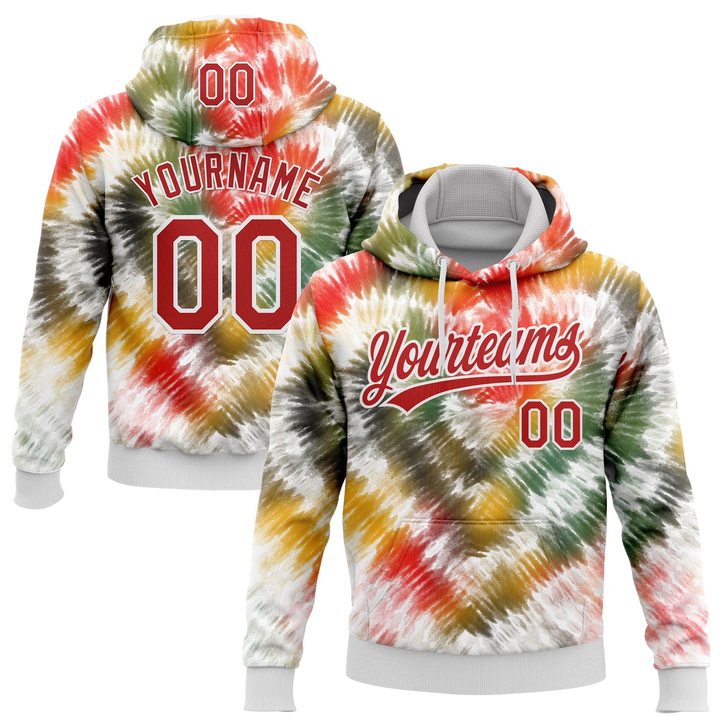 Custom Stitched Tie Dye Red-White 3D Sports Pullover Sweatshirt Hoodie - Main View
