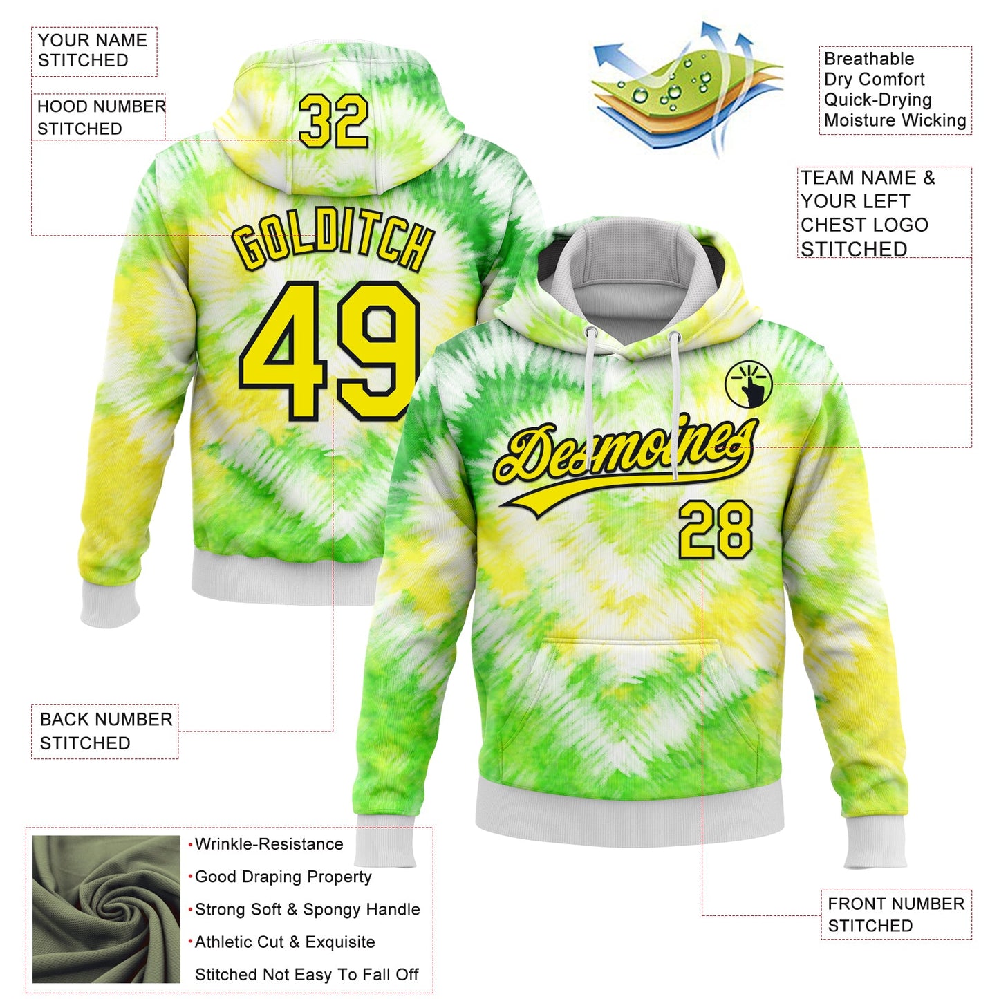 Custom Stitched Tie Dye Light Yellow-Black 3D Sports Pullover Sweatshirt Hoodie view 2