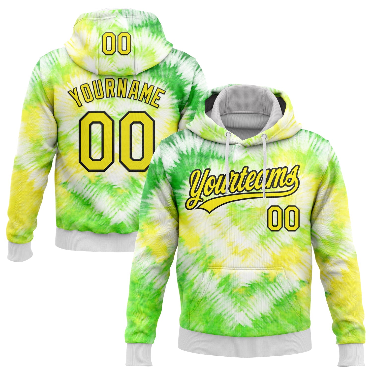 Custom Stitched Tie Dye Light Yellow-Black 3D Sports Pullover Sweatshirt Hoodie - Main View