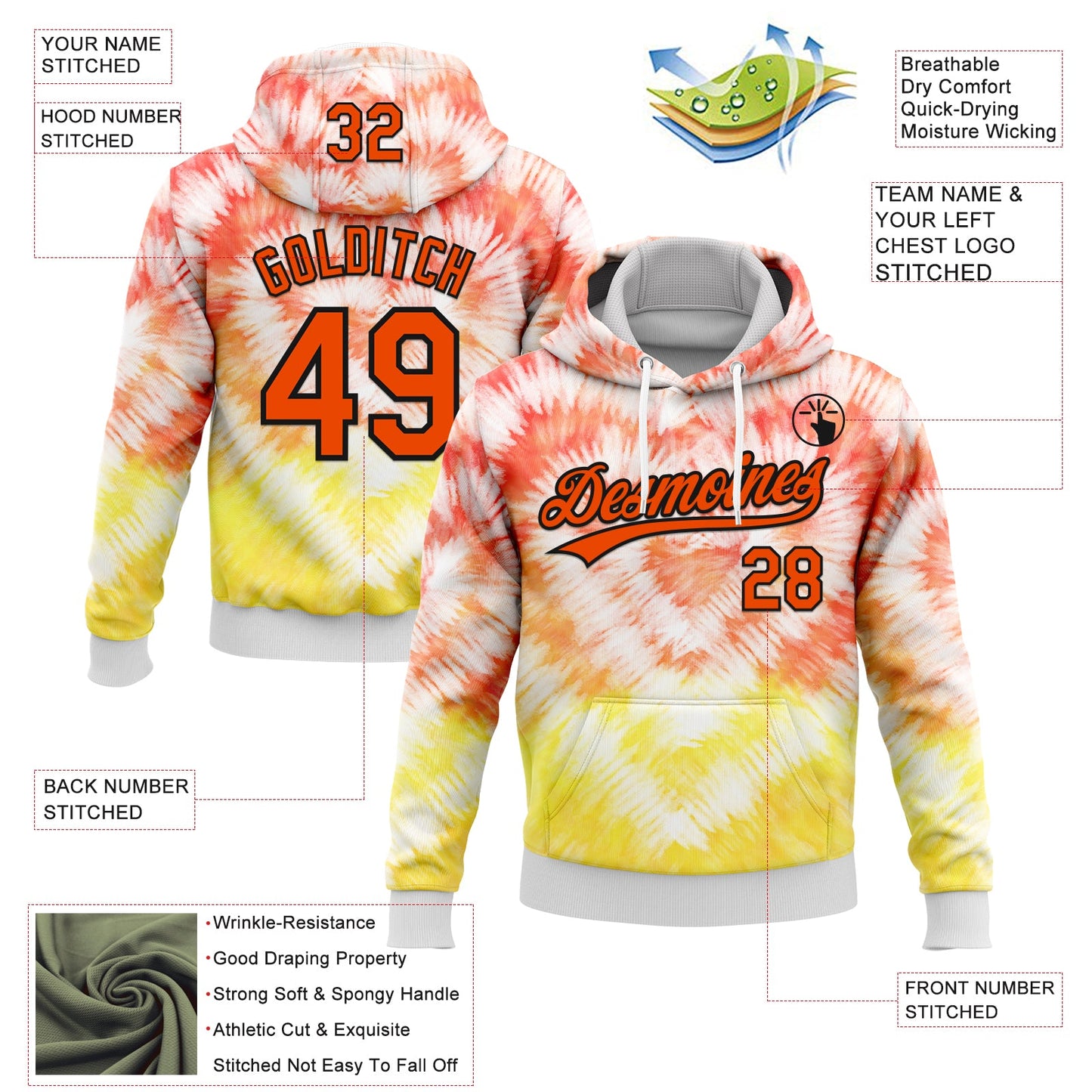 Custom Stitched Tie Dye Orange-Black 3D Sports Pullover Sweatshirt Hoodie view 2