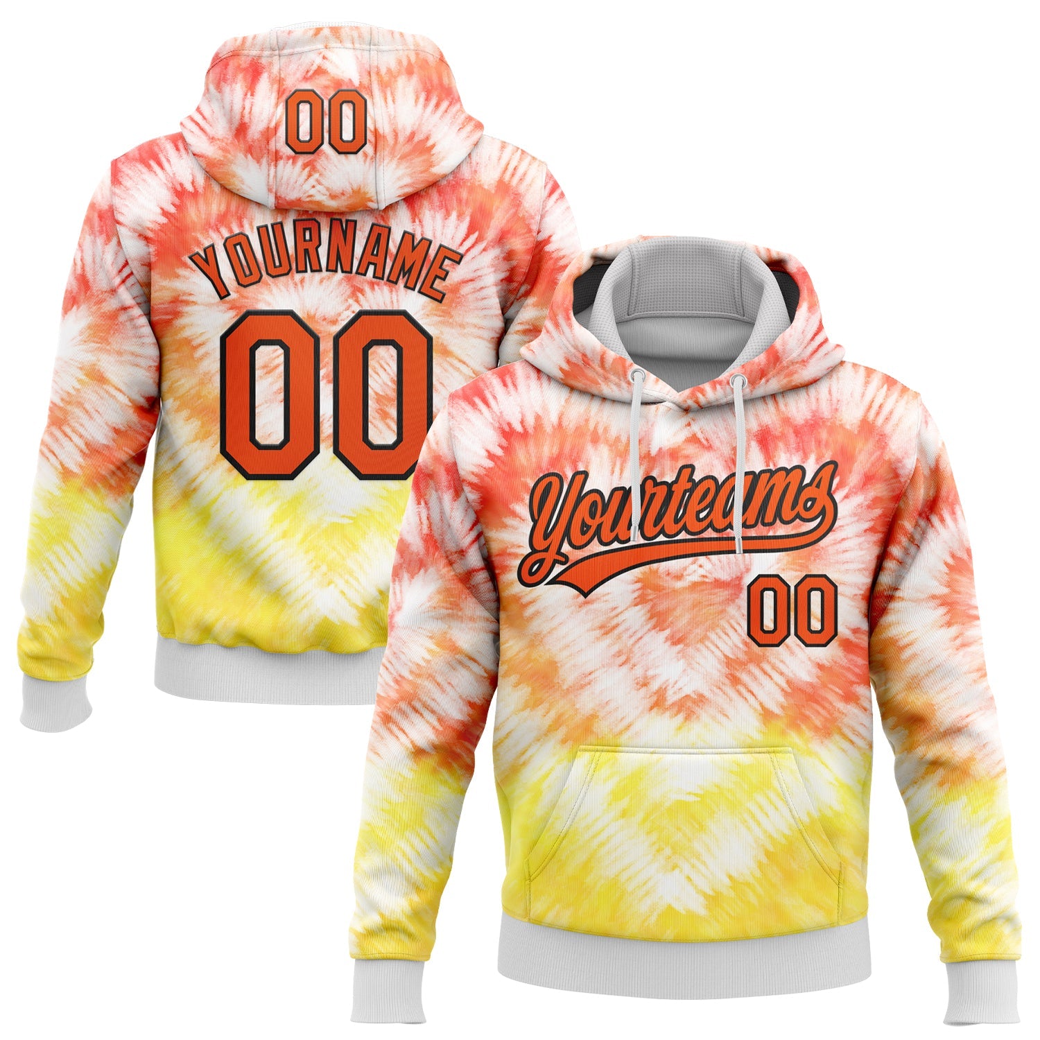 Custom Stitched Tie Dye Orange-Black 3D Sports Pullover Sweatshirt Hoodie - Main View