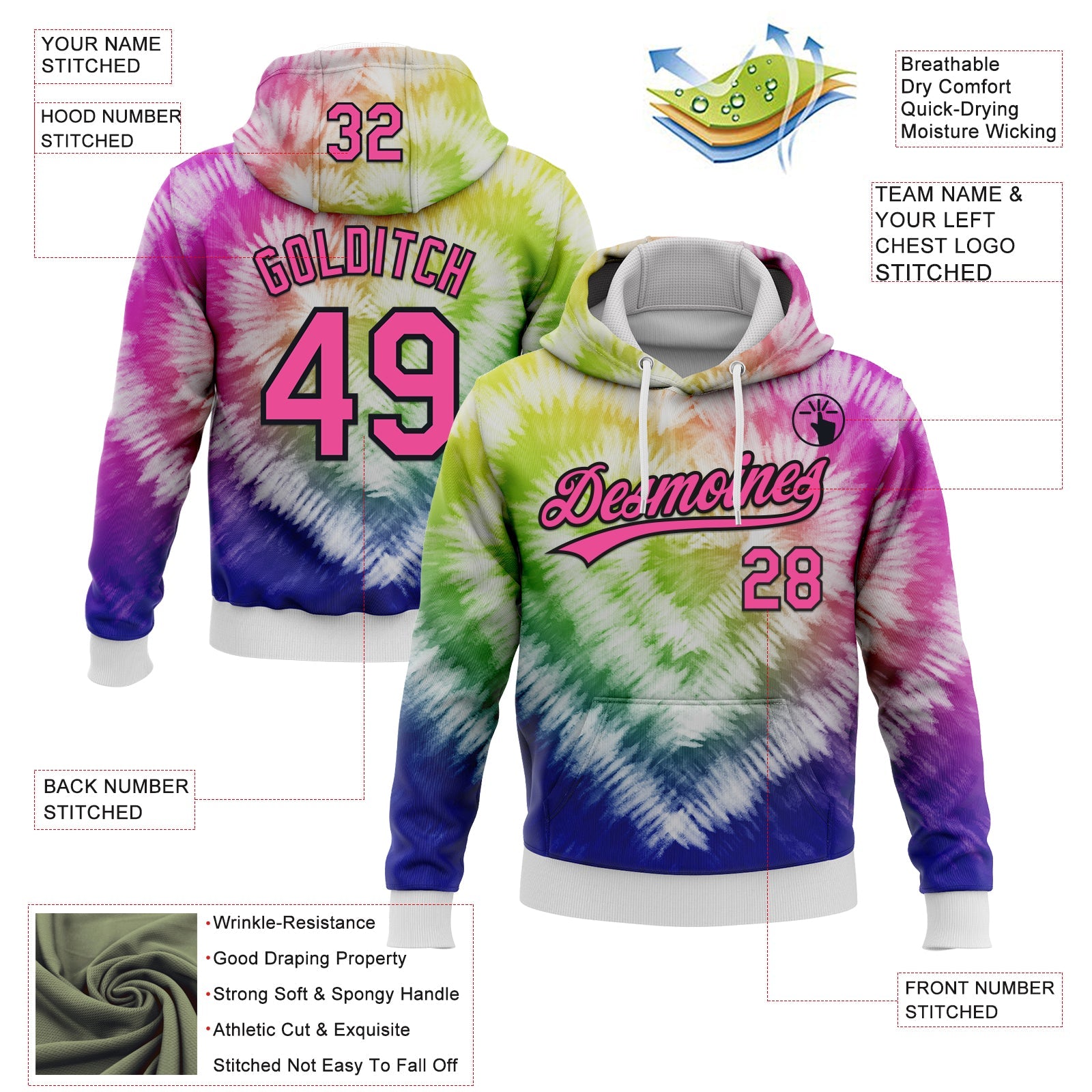 Custom Stitched Tie Dye Pink-Black 3D Sports Pullover Sweatshirt Hoodie view 2