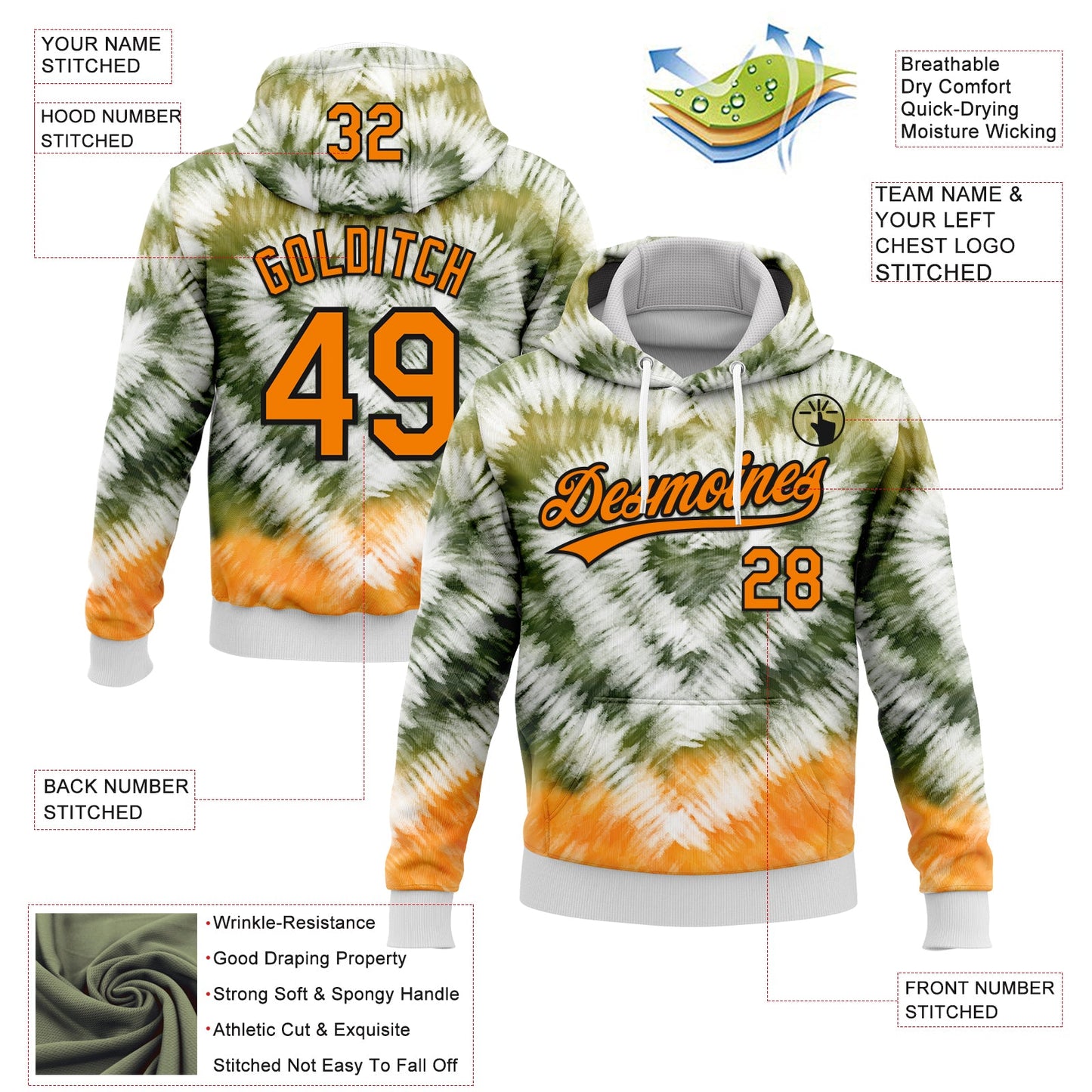 Custom Stitched Tie Dye Bay Orange-Black 3D Sports Pullover Sweatshirt Hoodie view 2