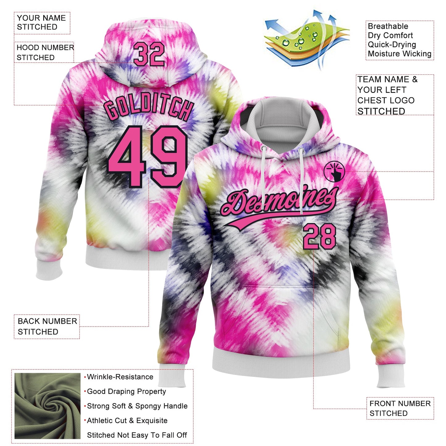 Custom Stitched Tie Dye Pink-Black 3D Sports Pullover Sweatshirt Hoodie view 2