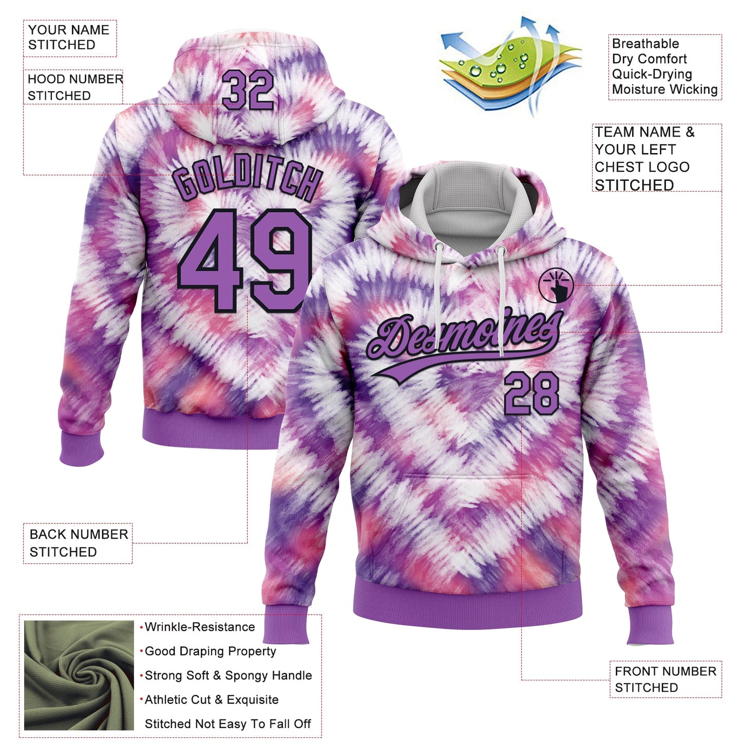 Custom Stitched Tie Dye Medium Purple-Black 3D Sports Pullover Sweatshirt Hoodie view 2