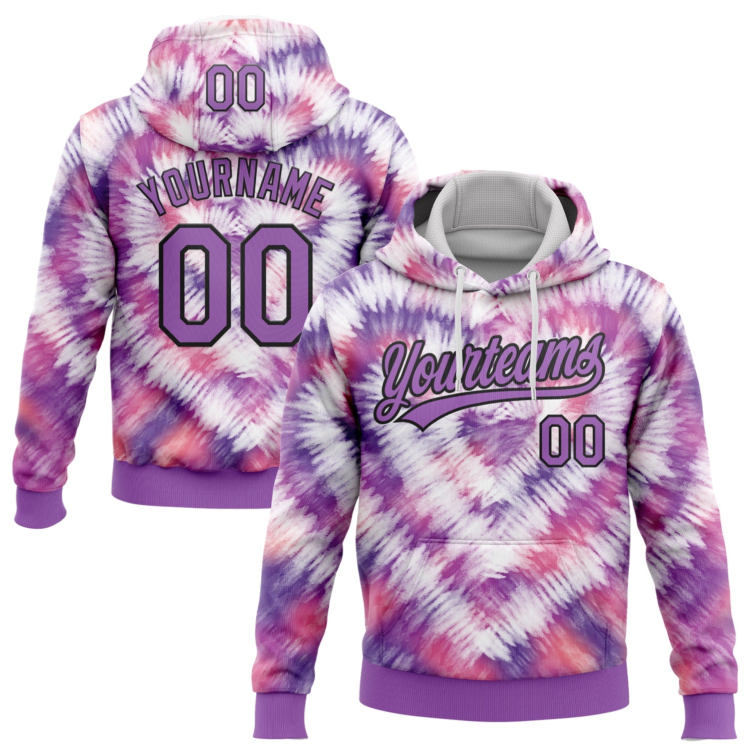Custom Stitched Tie Dye Medium Purple-Black 3D Sports Pullover Sweatshirt Hoodie - Main View