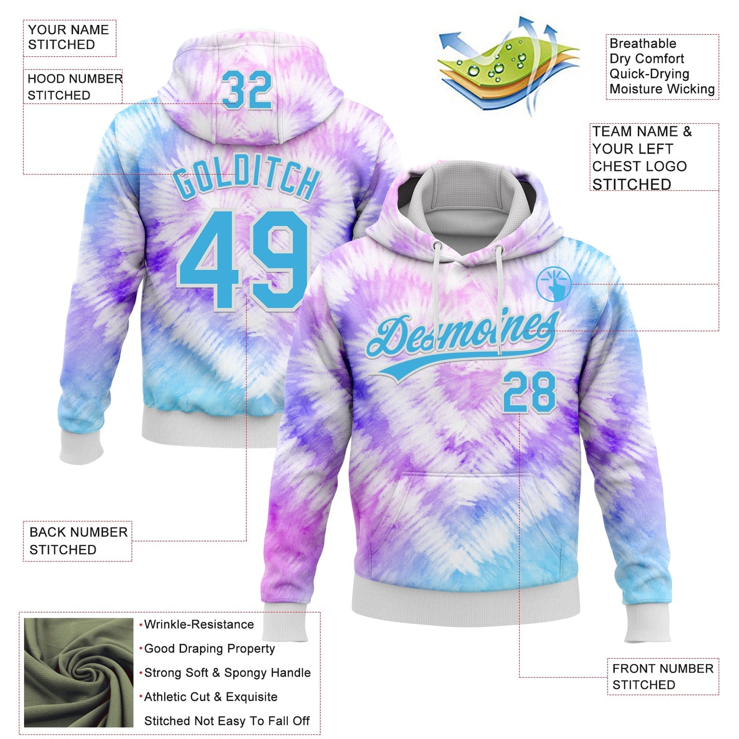 Custom Stitched Tie Dye Sky Blue-White 3D Sports Pullover Sweatshirt Hoodie view 2