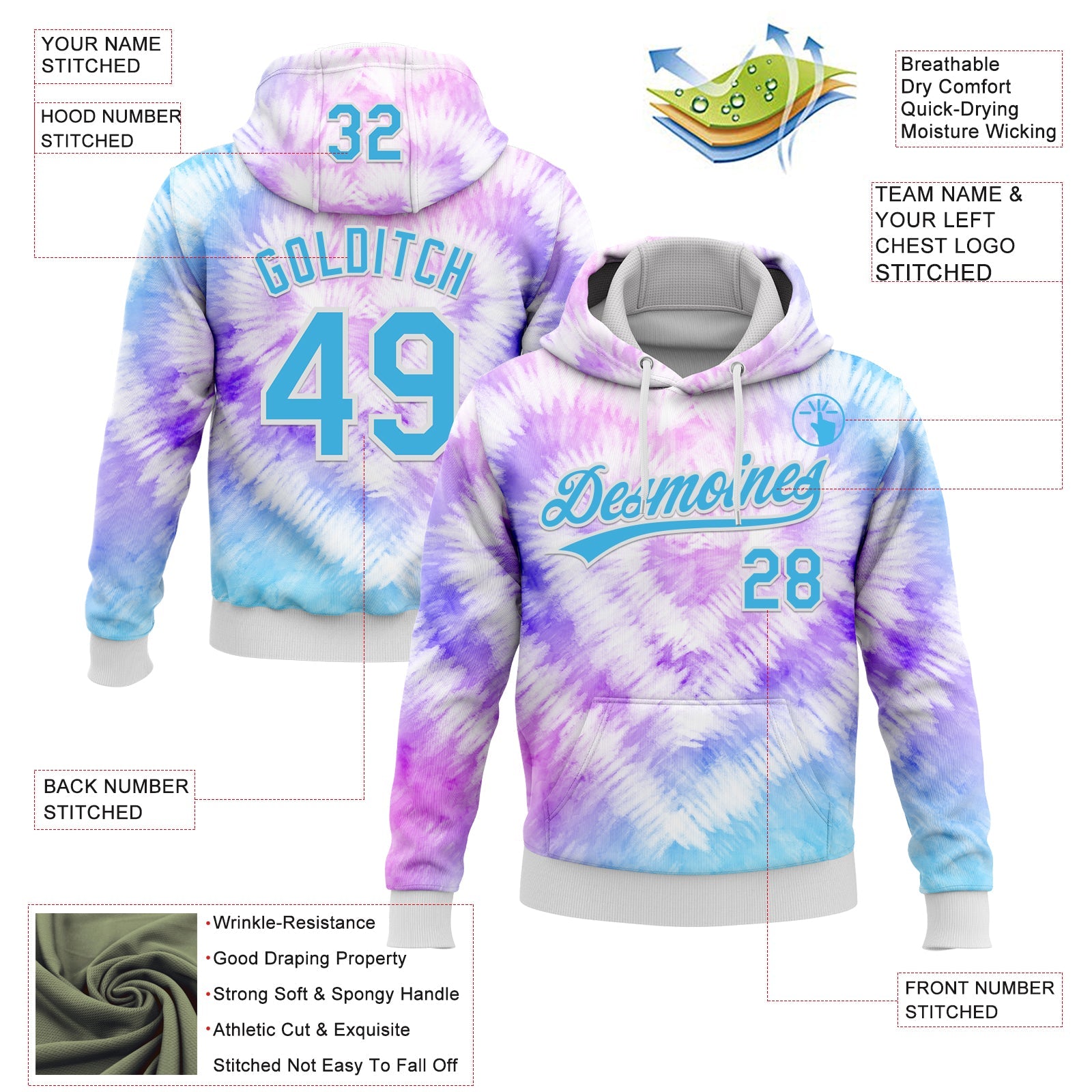 Custom Stitched Tie Dye Sky Blue-White 3D Sports Pullover Sweatshirt Hoodie view 2