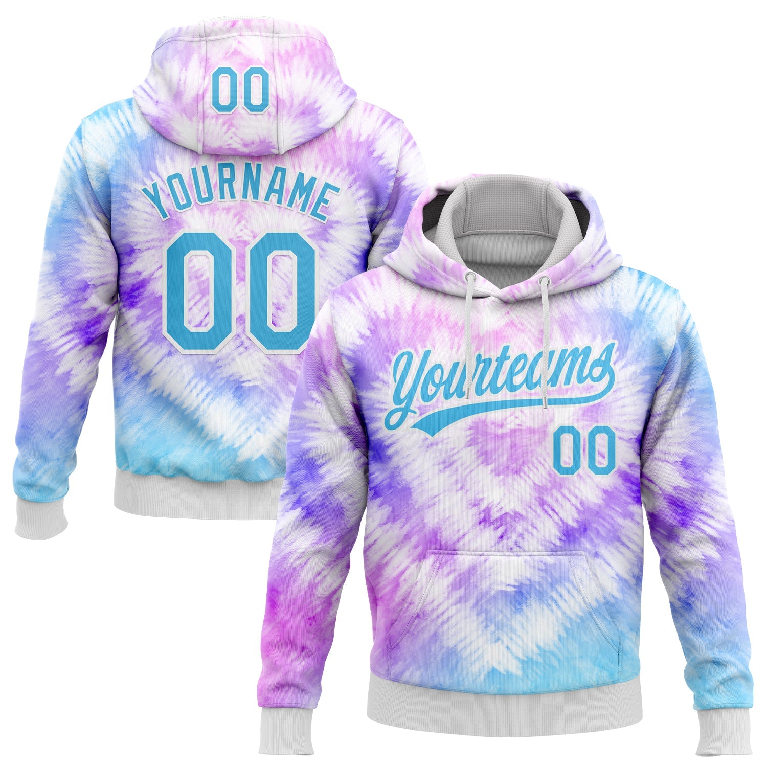 Custom Stitched Tie Dye Sky Blue-White 3D Sports Pullover Sweatshirt Hoodie - Main View