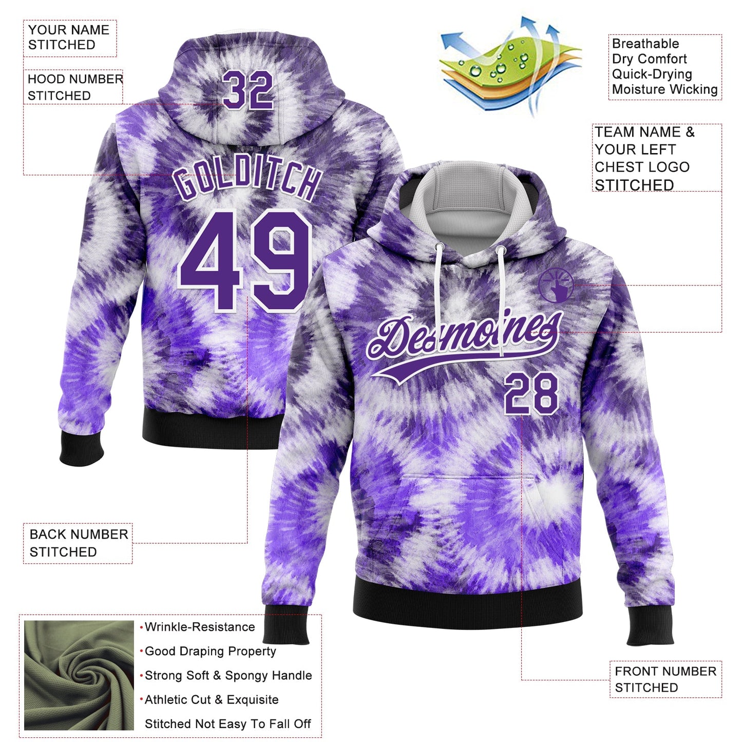 Custom Stitched Tie Dye Purple-White 3D Sports Pullover Sweatshirt Hoodie view 2