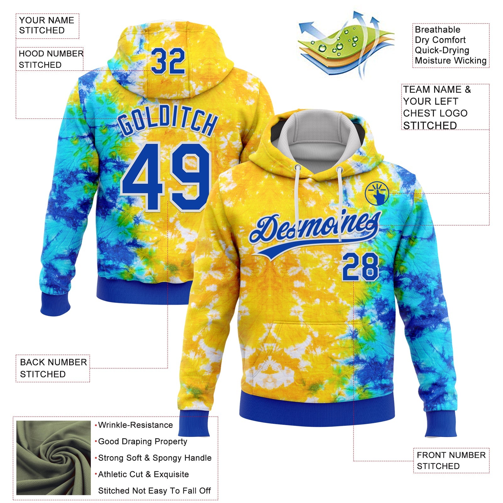 Custom Stitched Tie Dye Thunder Blue-White 3D Sports Pullover Sweatshirt Hoodie view 2