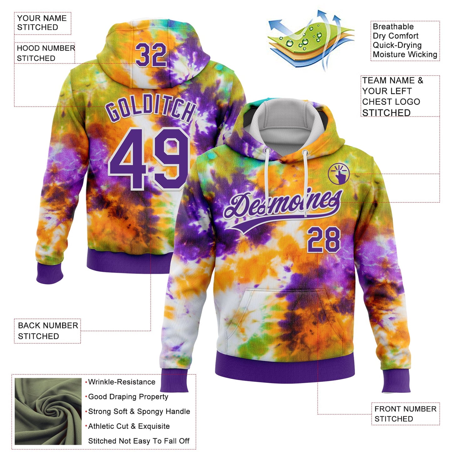 Custom Stitched Tie Dye Purple-White 3D Sports Pullover Sweatshirt Hoodie view 2