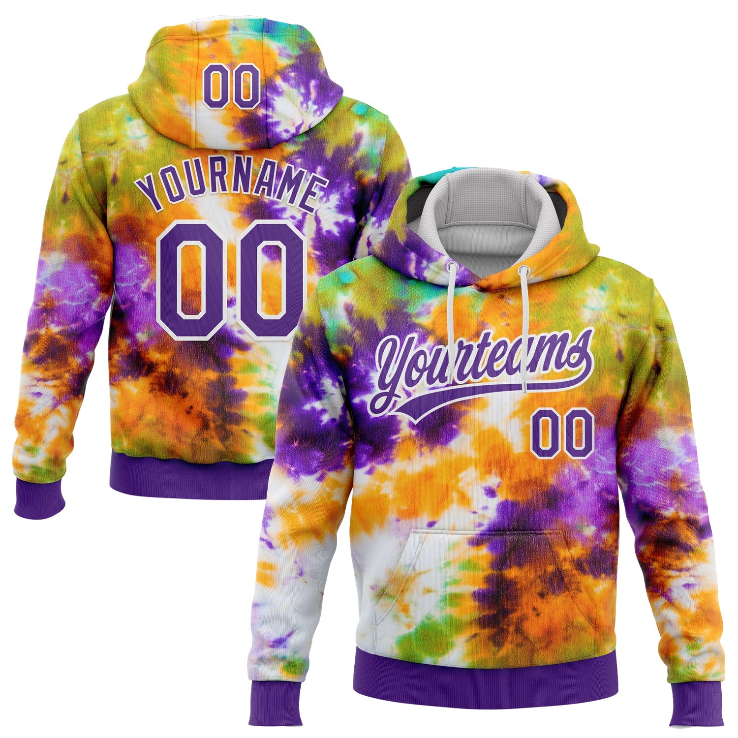 Custom Stitched Tie Dye Purple-White 3D Sports Pullover Sweatshirt Hoodie - Main View