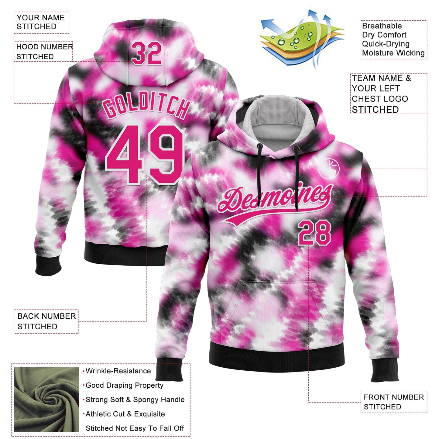 Custom Stitched Tie Dye Hot Pink-White 3D Sports Pullover Sweatshirt Hoodie view 2