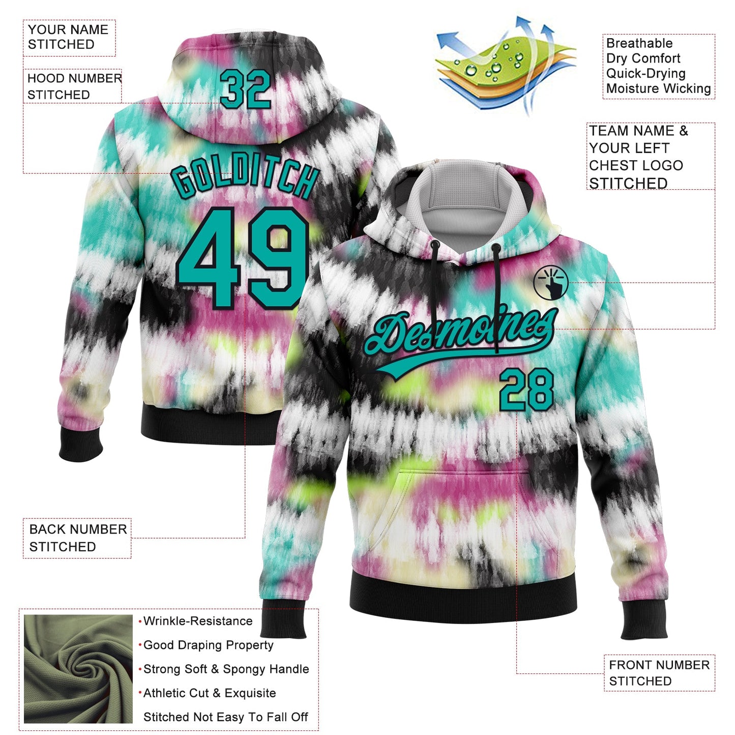 Custom Stitched Tie Dye Aqua-Black 3D Sports Pullover Sweatshirt Hoodie view 2