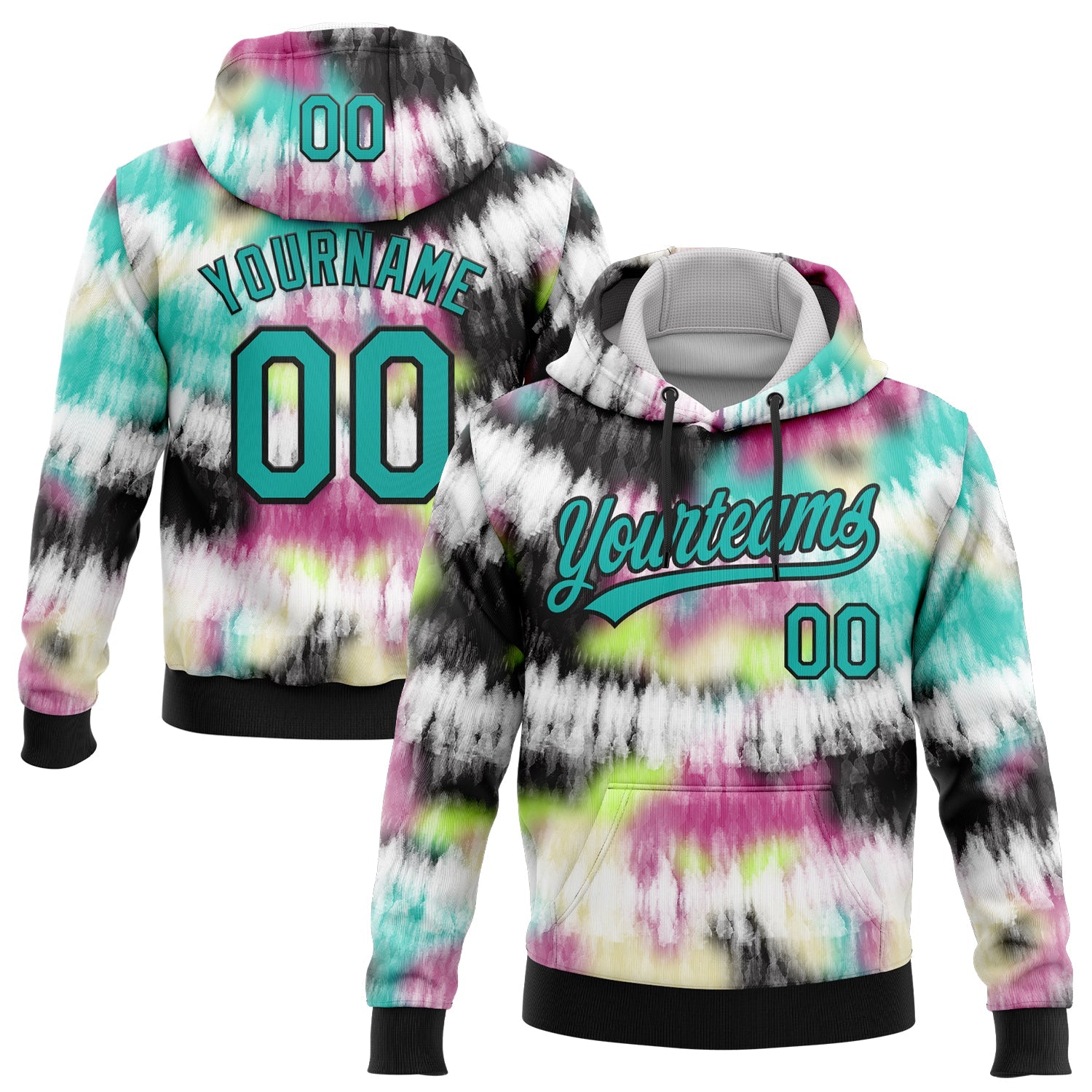 Custom Stitched Tie Dye Aqua-Black 3D Sports Pullover Sweatshirt Hoodie - Main View