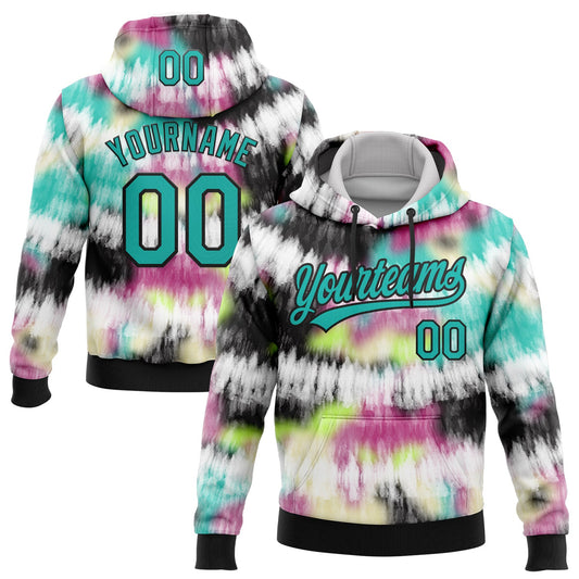 Custom Stitched Tie Dye Aqua-Black 3D Sports Pullover Sweatshirt Hoodie - Main View