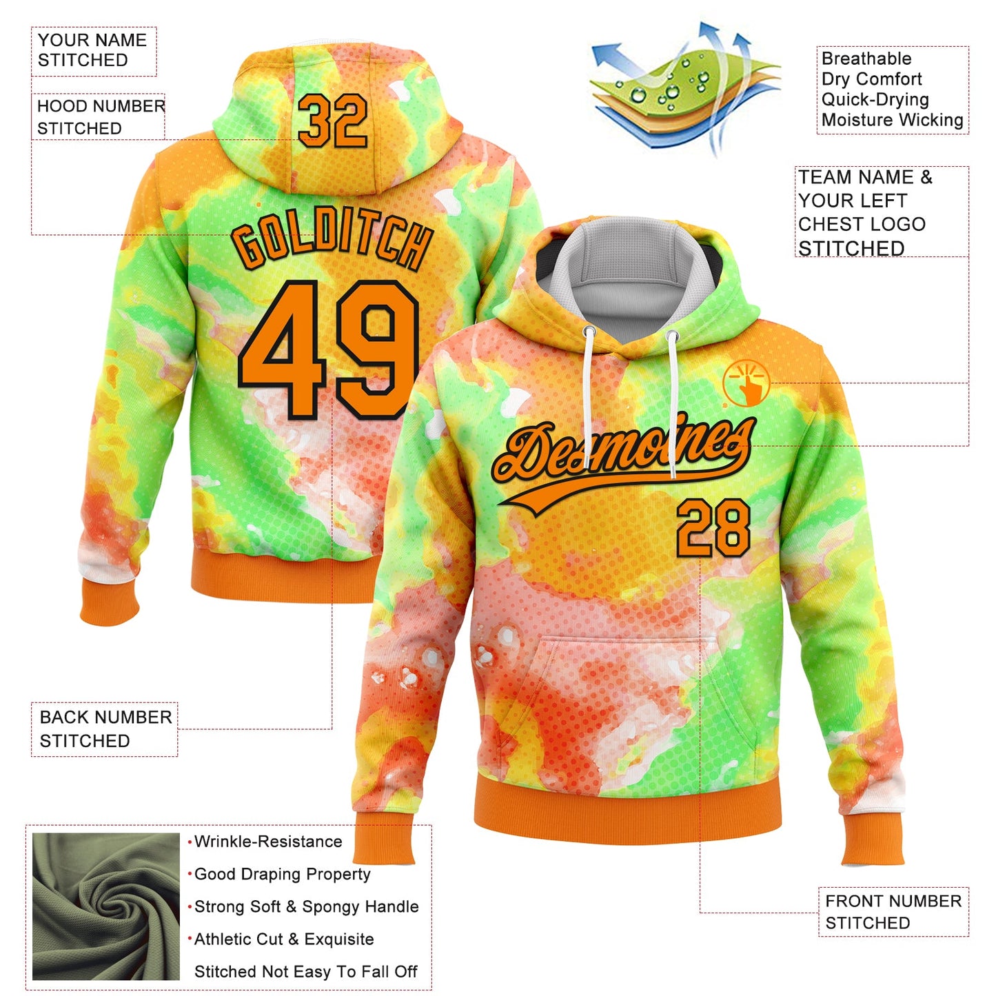 Custom Stitched Tie Dye Bay Orange-Black 3D Sports Pullover Sweatshirt Hoodie view 2