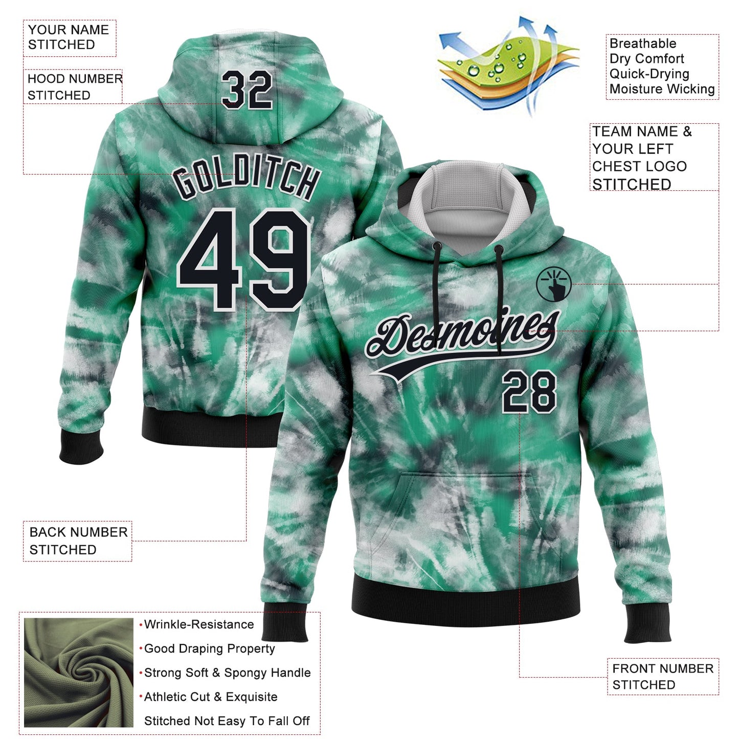 Custom Stitched Tie Dye Black-White 3D Sports Pullover Sweatshirt Hoodie view 2