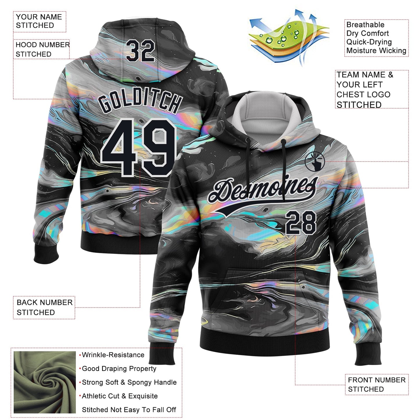 Custom Stitched Black White 3D Pattern Design Abstract Psychedelic Fluid Art Sports Pullover Sweatshirt Hoodie view 2