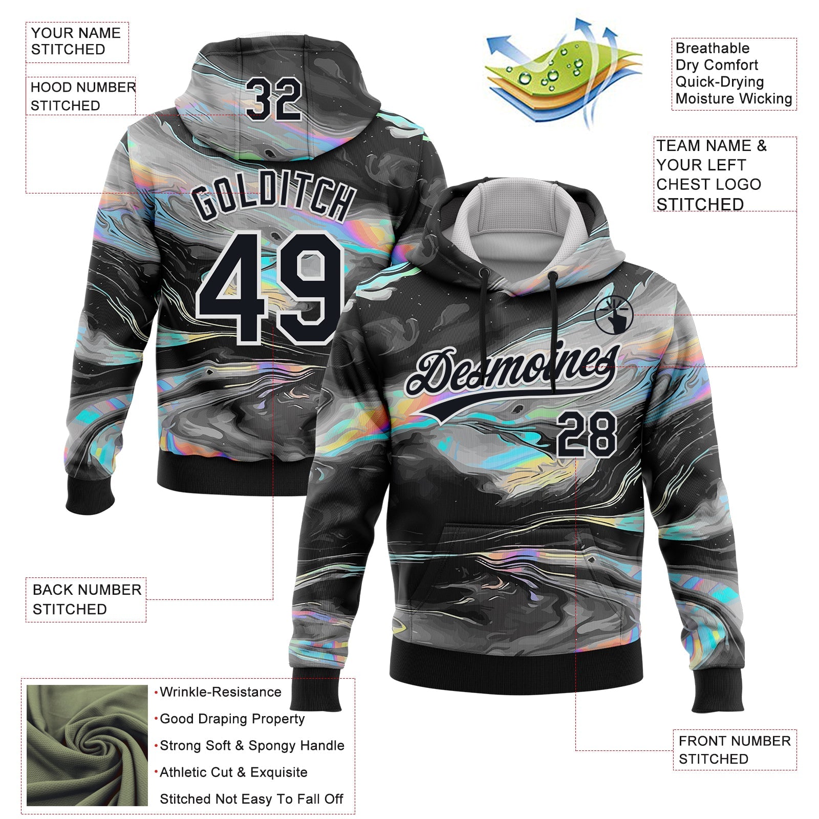 Custom Stitched Black White 3D Pattern Design Abstract Psychedelic Fluid Art Sports Pullover Sweatshirt Hoodie view 2