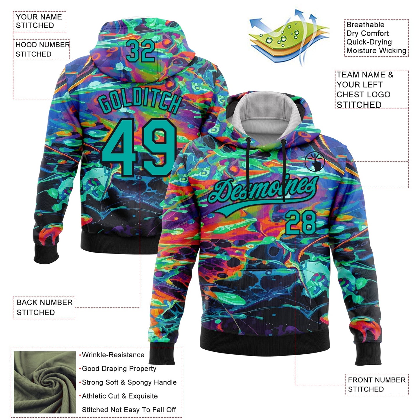Custom Stitched Black Aqua 3D Pattern Design Abstract Psychedelic Fluid Art Sports Pullover Sweatshirt Hoodie view 2