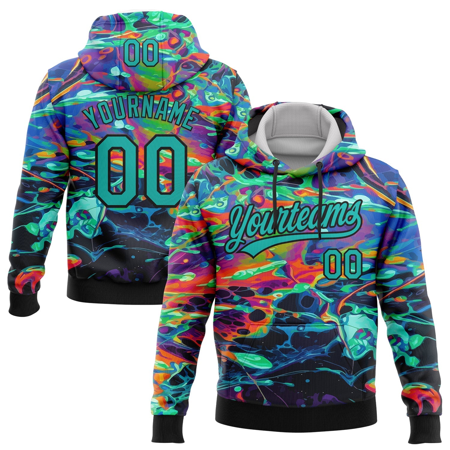 Custom Stitched Black Aqua 3D Pattern Design Abstract Psychedelic Fluid Art Sports Pullover Sweatshirt Hoodie - Main View