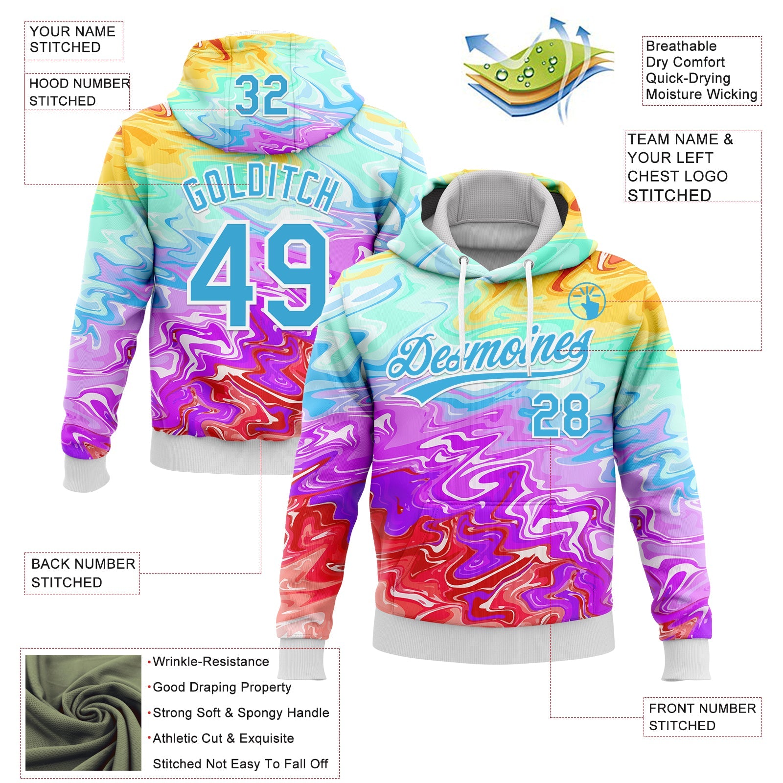 Custom Stitched White Sky Blue 3D Pattern Design Abstract Psychedelic Fluid Art Sports Pullover Sweatshirt Hoodie view 2