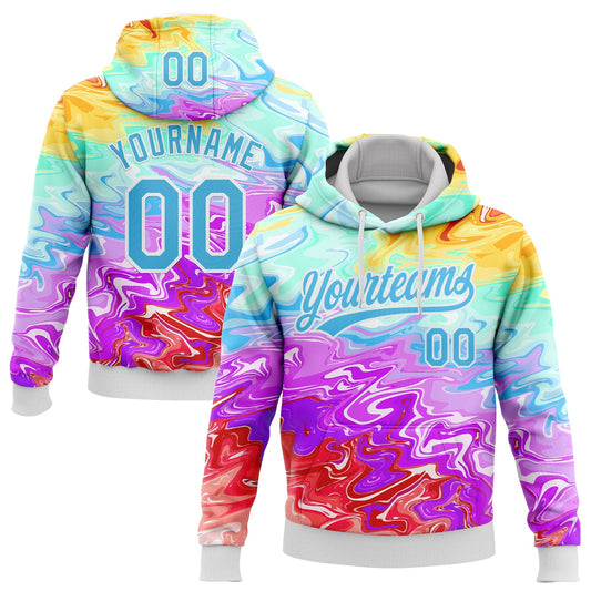 Custom Stitched White Sky Blue 3D Pattern Design Abstract Psychedelic Fluid Art Sports Pullover Sweatshirt Hoodie - Main View