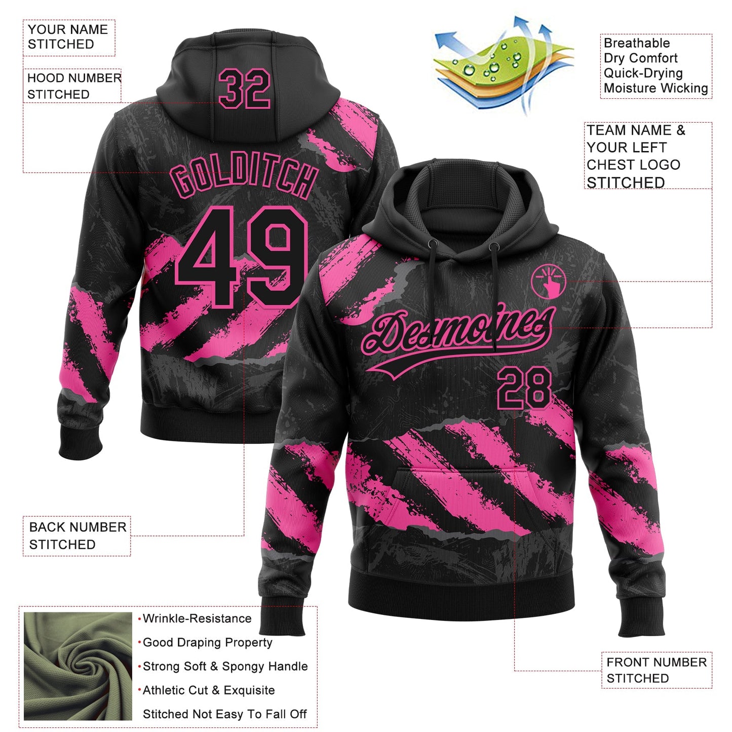 Custom Stitched Black Pink-Steel Gray 3D Pattern Design Splash Sports Pullover Sweatshirt Hoodie view 2