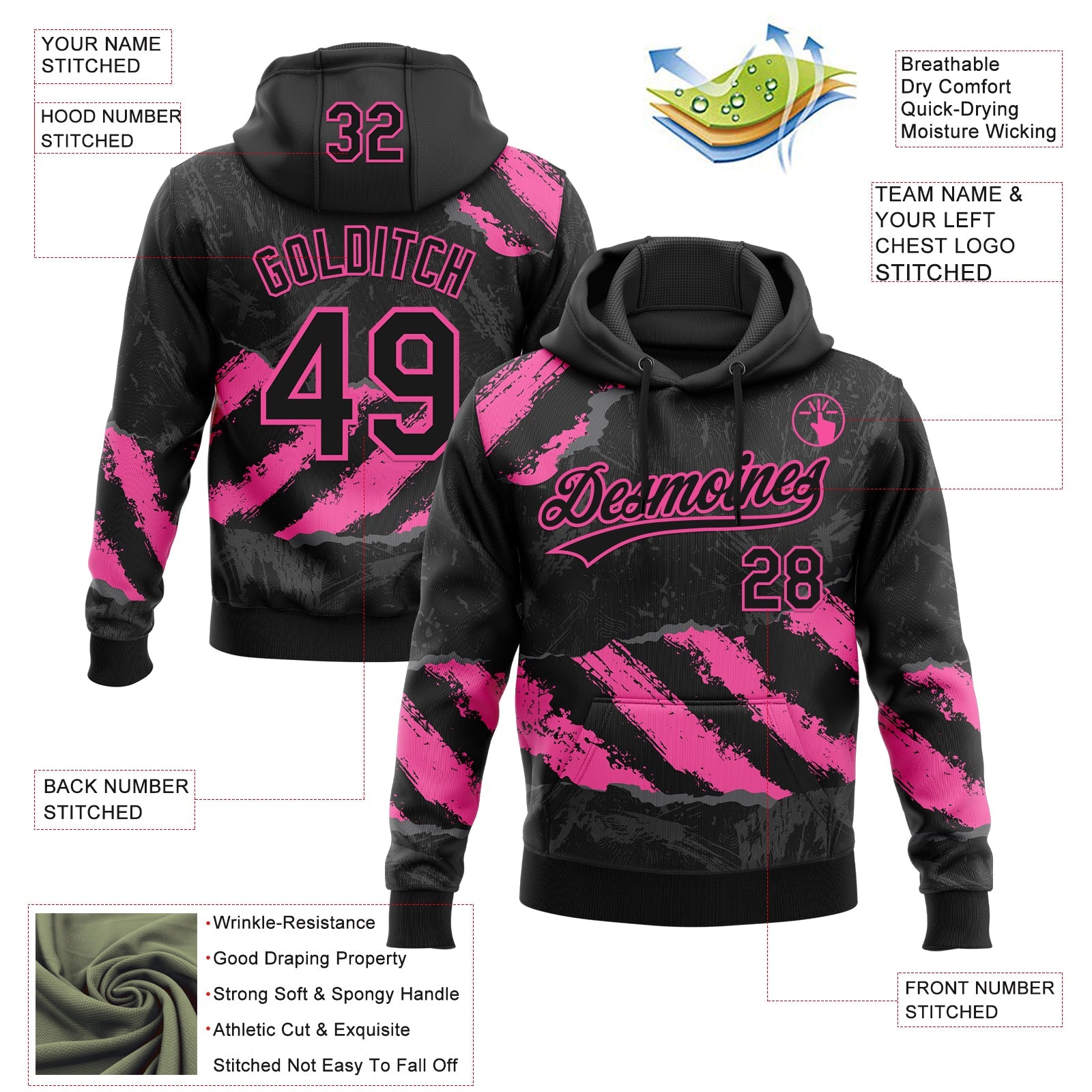 Custom Stitched Black Pink-Steel Gray 3D Pattern Design Splash Sports Pullover Sweatshirt Hoodie view 2