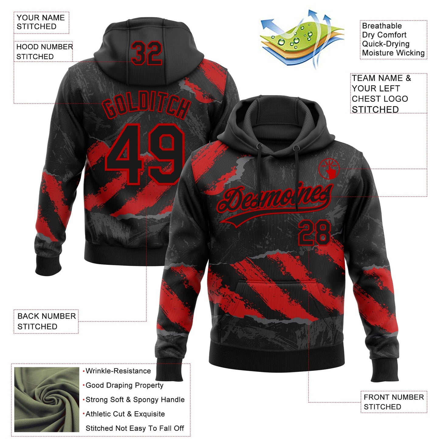 Custom Stitched Black Red-Steel Gray 3D Pattern Design Splash Sports Pullover Sweatshirt Hoodie view 2