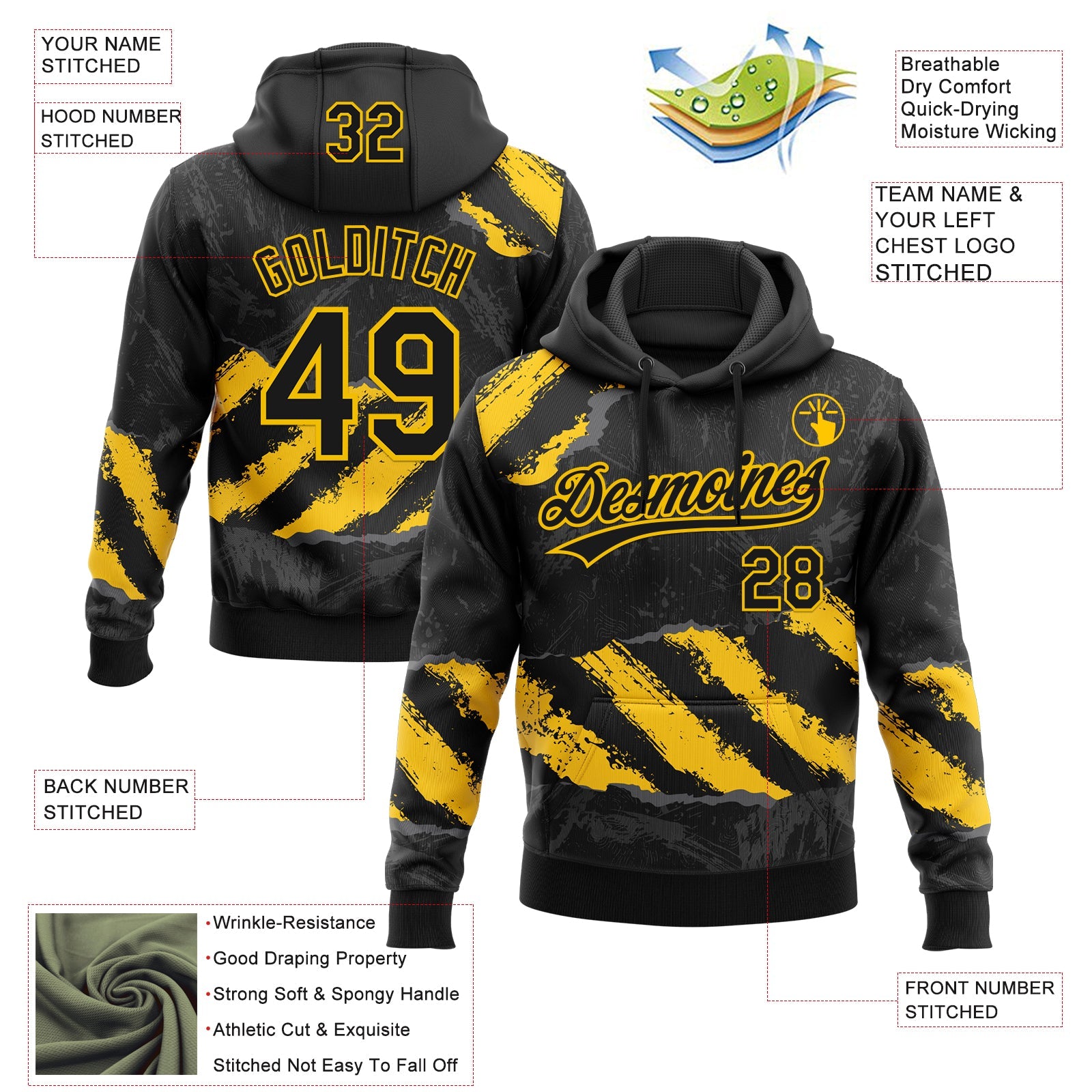 Custom Stitched Black Yellow-Steel Gray 3D Pattern Design Splash Sports Pullover Sweatshirt Hoodie view 2