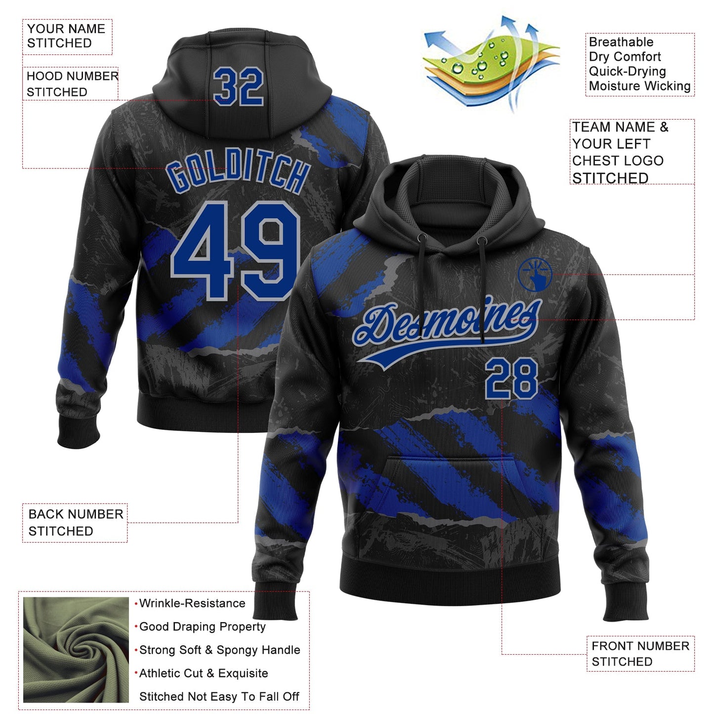 Custom Stitched Black Royal Gray-Steel Gray 3D Pattern Design Splash Sports Pullover Sweatshirt Hoodie view 2