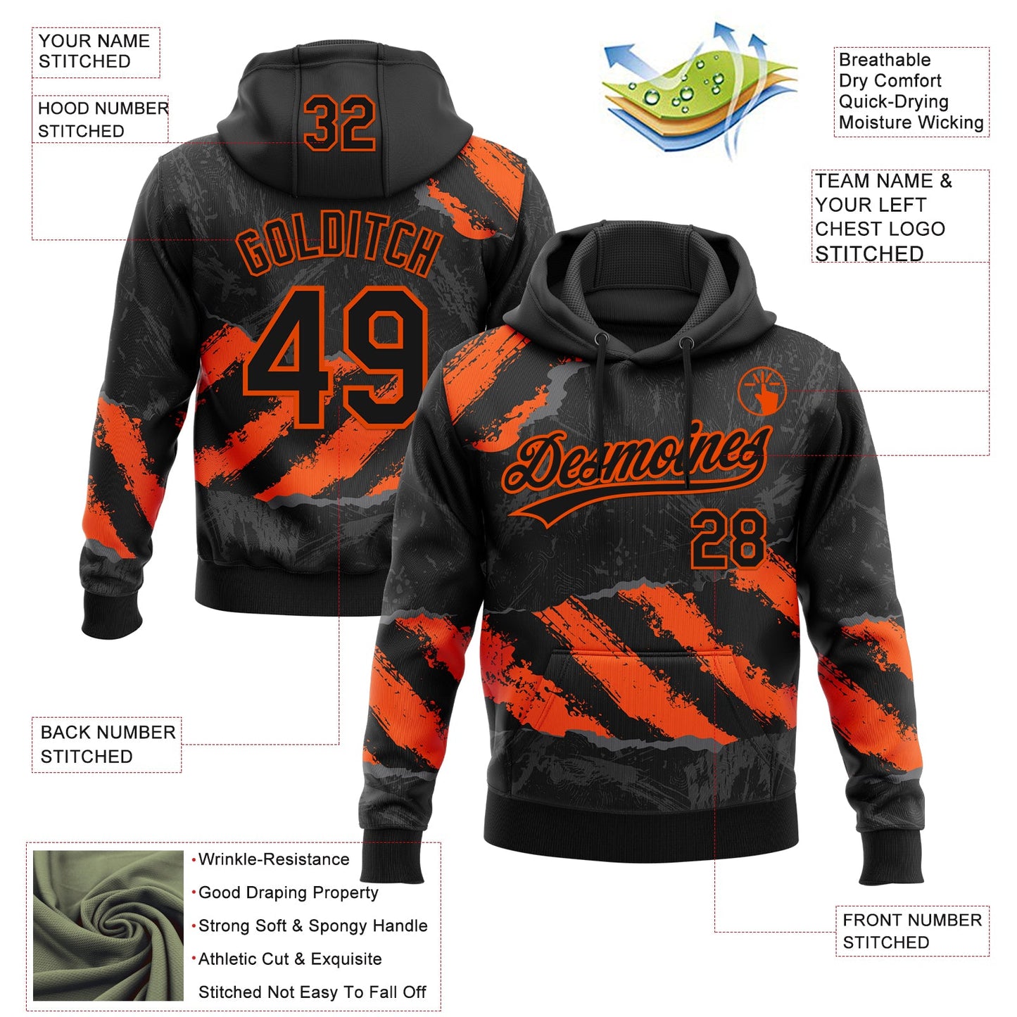 Custom Stitched Black Orange-Steel Gray 3D Pattern Design Splash Sports Pullover Sweatshirt Hoodie view 2