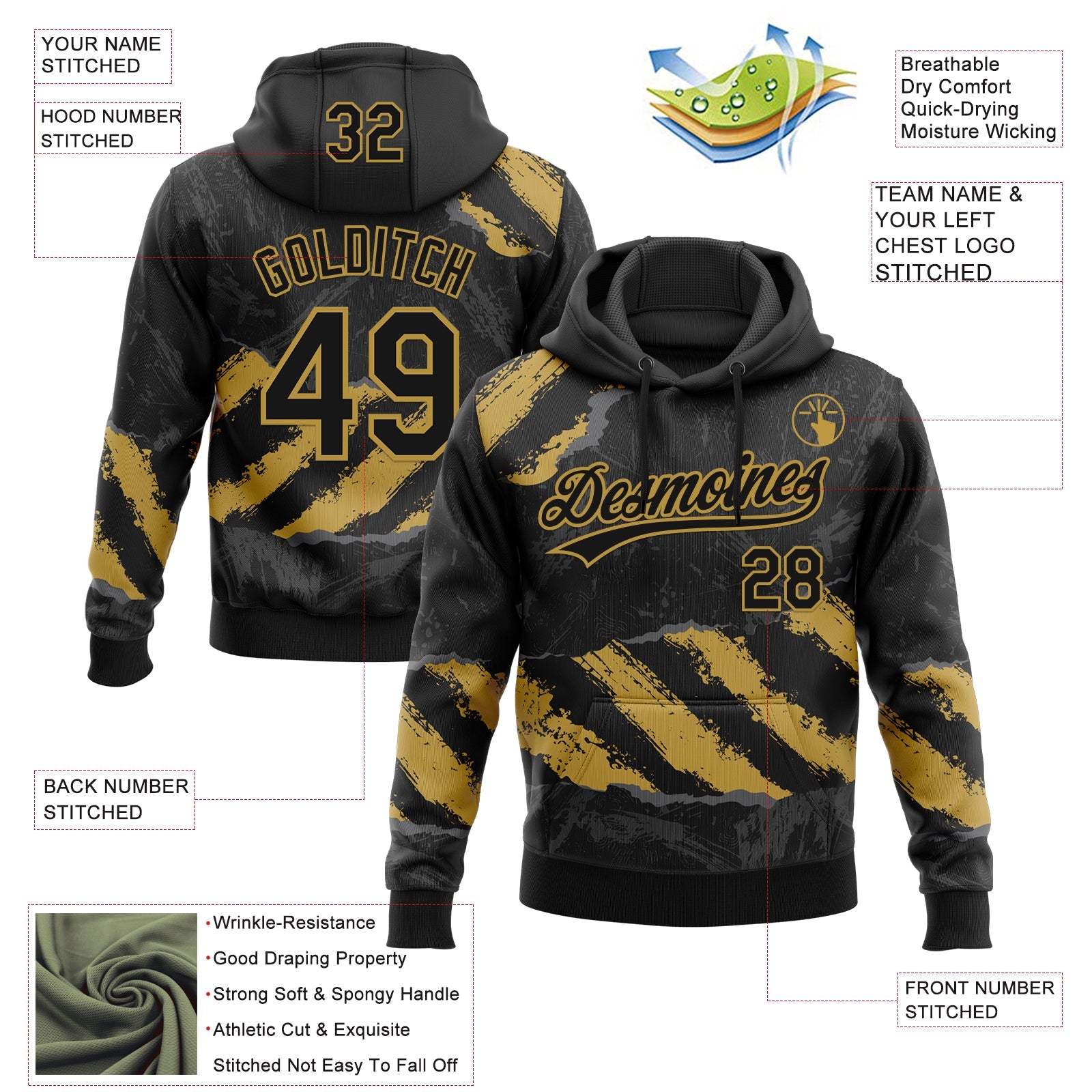Custom Stitched Black Old Gold-Steel Gray 3D Pattern Design Splash Sports Pullover Sweatshirt Hoodie view 2