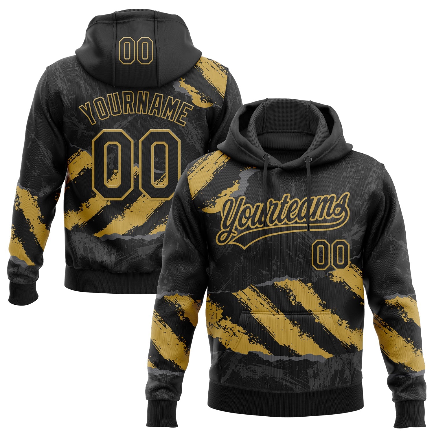 Custom Stitched Black Old Gold-Steel Gray 3D Pattern Design Splash Sports Pullover Sweatshirt Hoodie - Main View