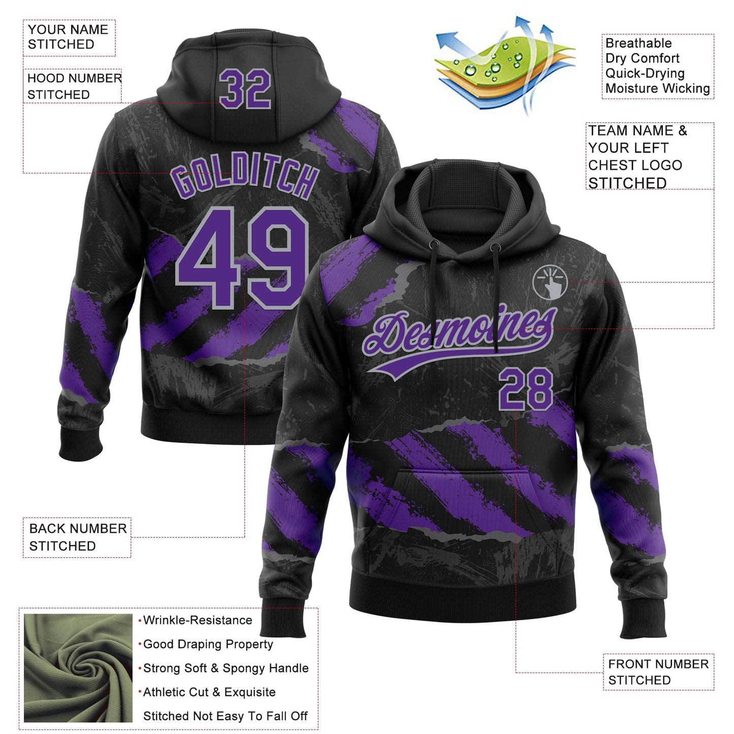 Custom Stitched Black Purple Gray-Steel Gray 3D Pattern Design Splash Sports Pullover Sweatshirt Hoodie view 2