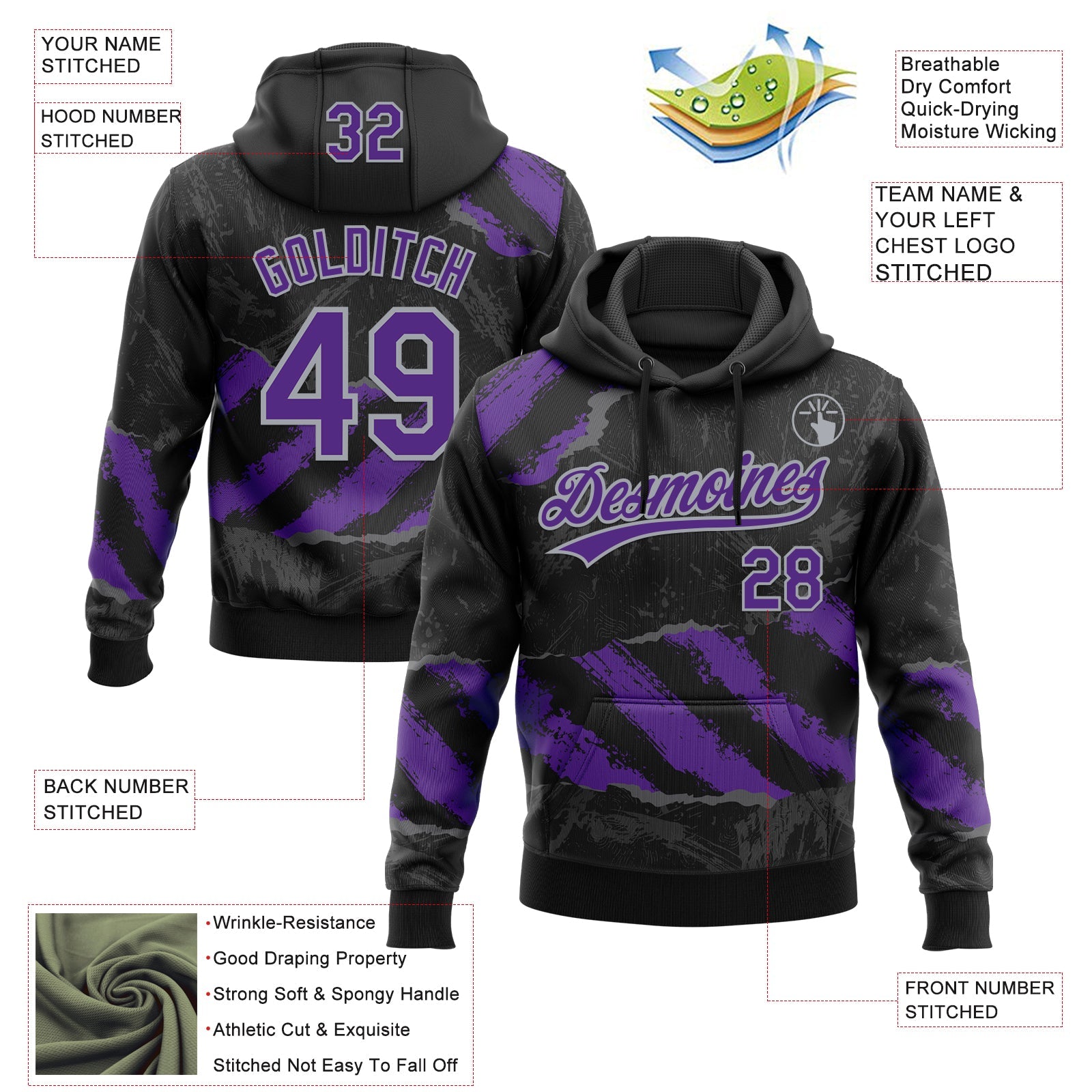 Custom Stitched Black Purple Gray-Steel Gray 3D Pattern Design Splash Sports Pullover Sweatshirt Hoodie view 2