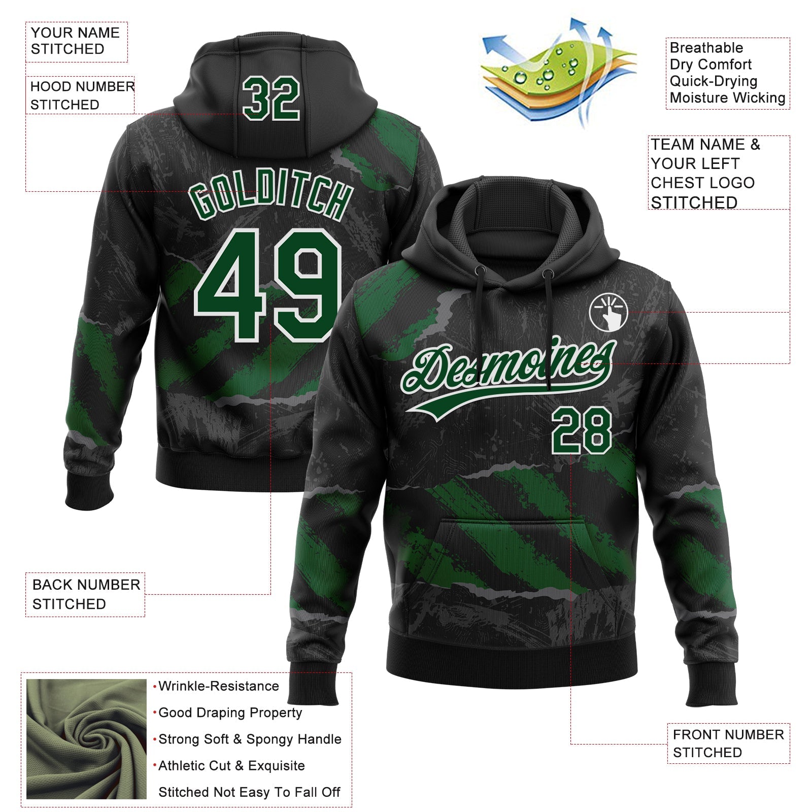 Custom Stitched Black Green Steel Gray-White 3D Pattern Design Splash Sports Pullover Sweatshirt Hoodie view 2