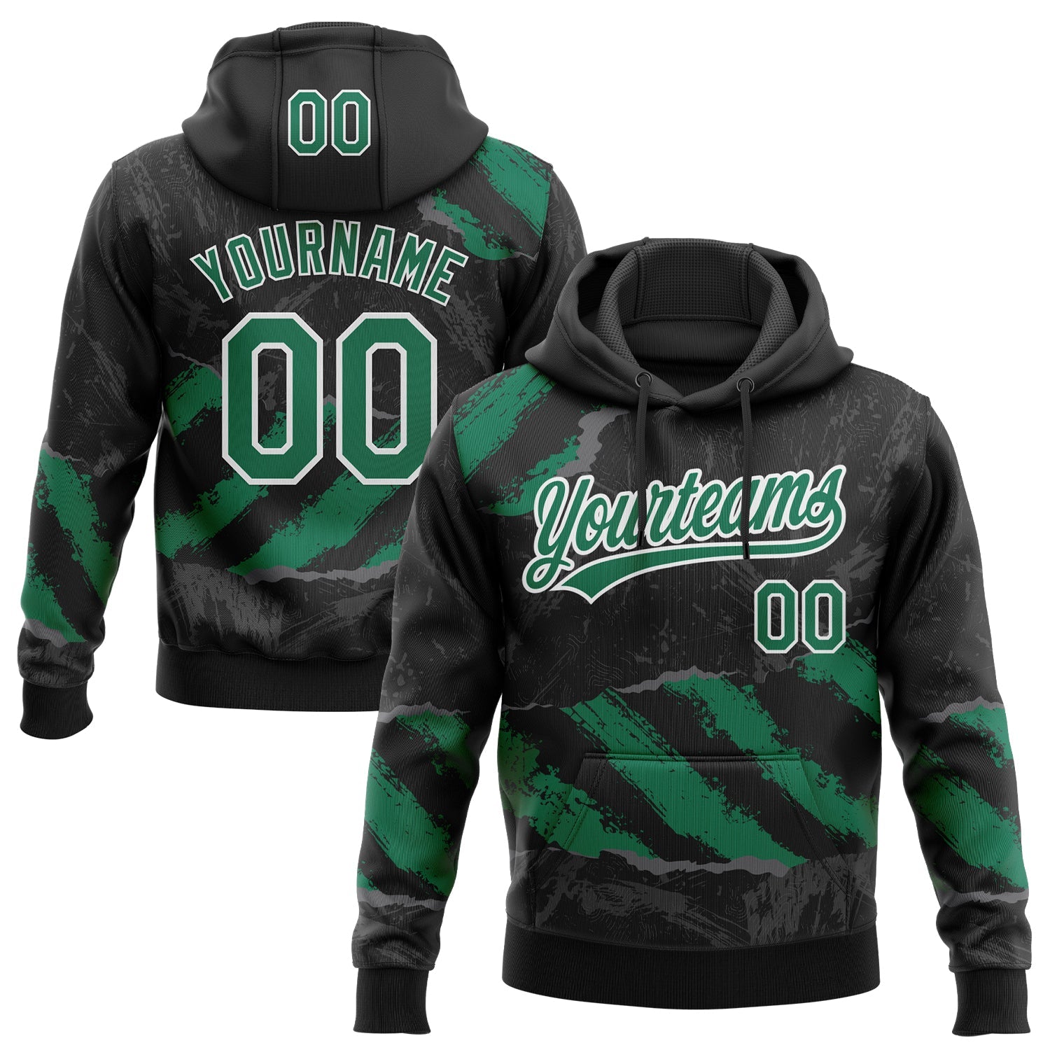 Custom Stitched Black Kelly Green Steel Gray-White 3D Pattern Design Splash Sports Pullover Sweatshirt Hoodie - Main View