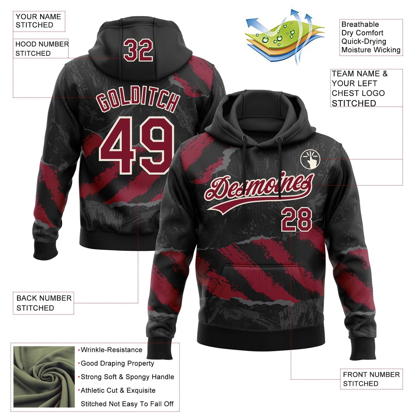 Custom Stitched Black Crimson Steel Gray-Cream 3D Pattern Design Splash Sports Pullover Sweatshirt Hoodie view 2