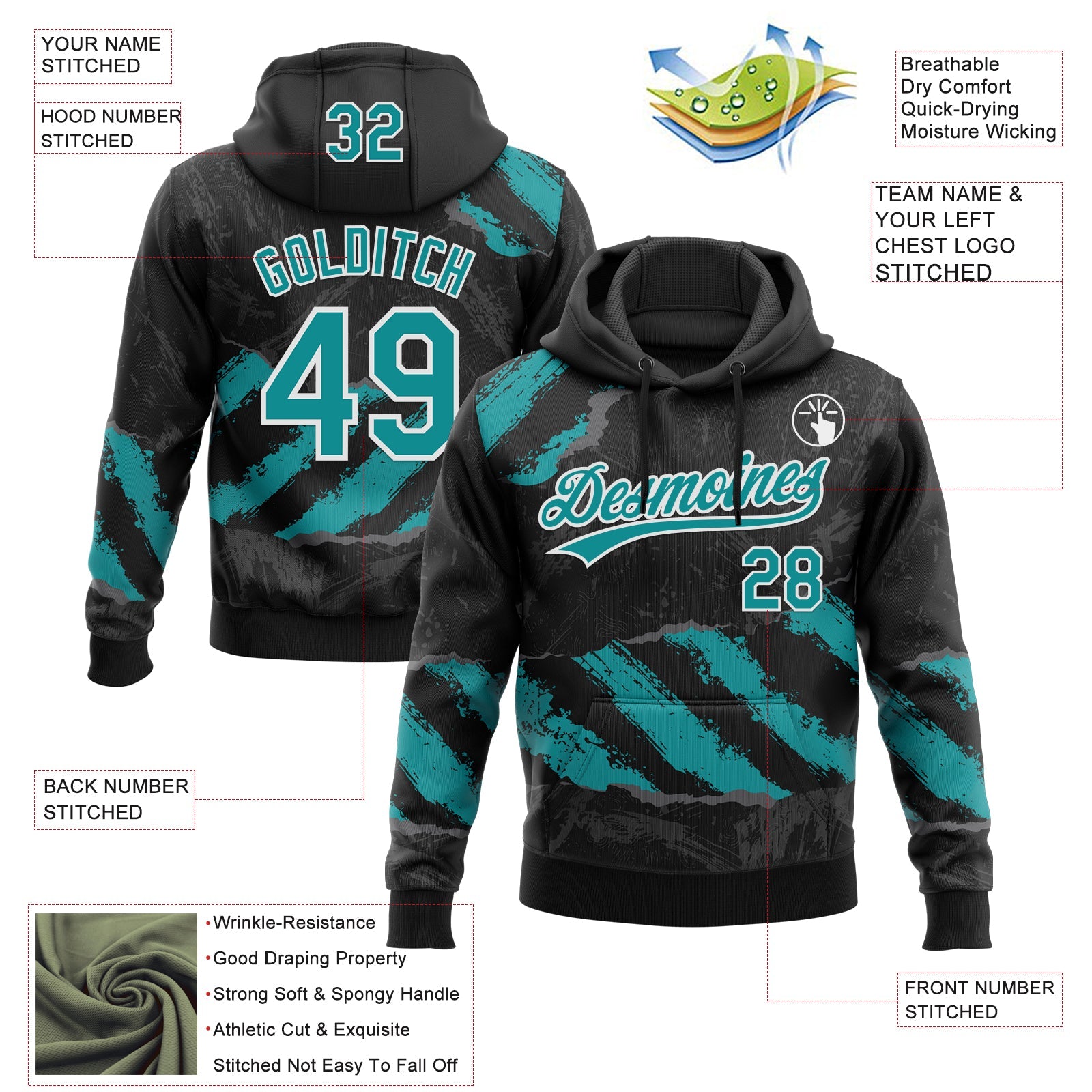 Custom Stitched Black Teal Steel Gray-White 3D Pattern Design Splash Sports Pullover Sweatshirt Hoodie view 2