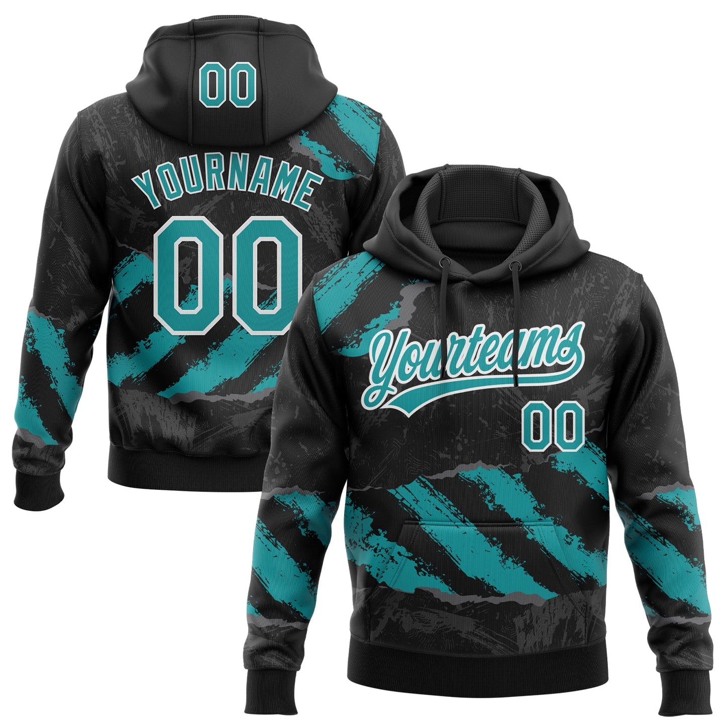 Custom Stitched Black Teal Steel Gray-White 3D Pattern Design Splash Sports Pullover Sweatshirt Hoodie - Main View