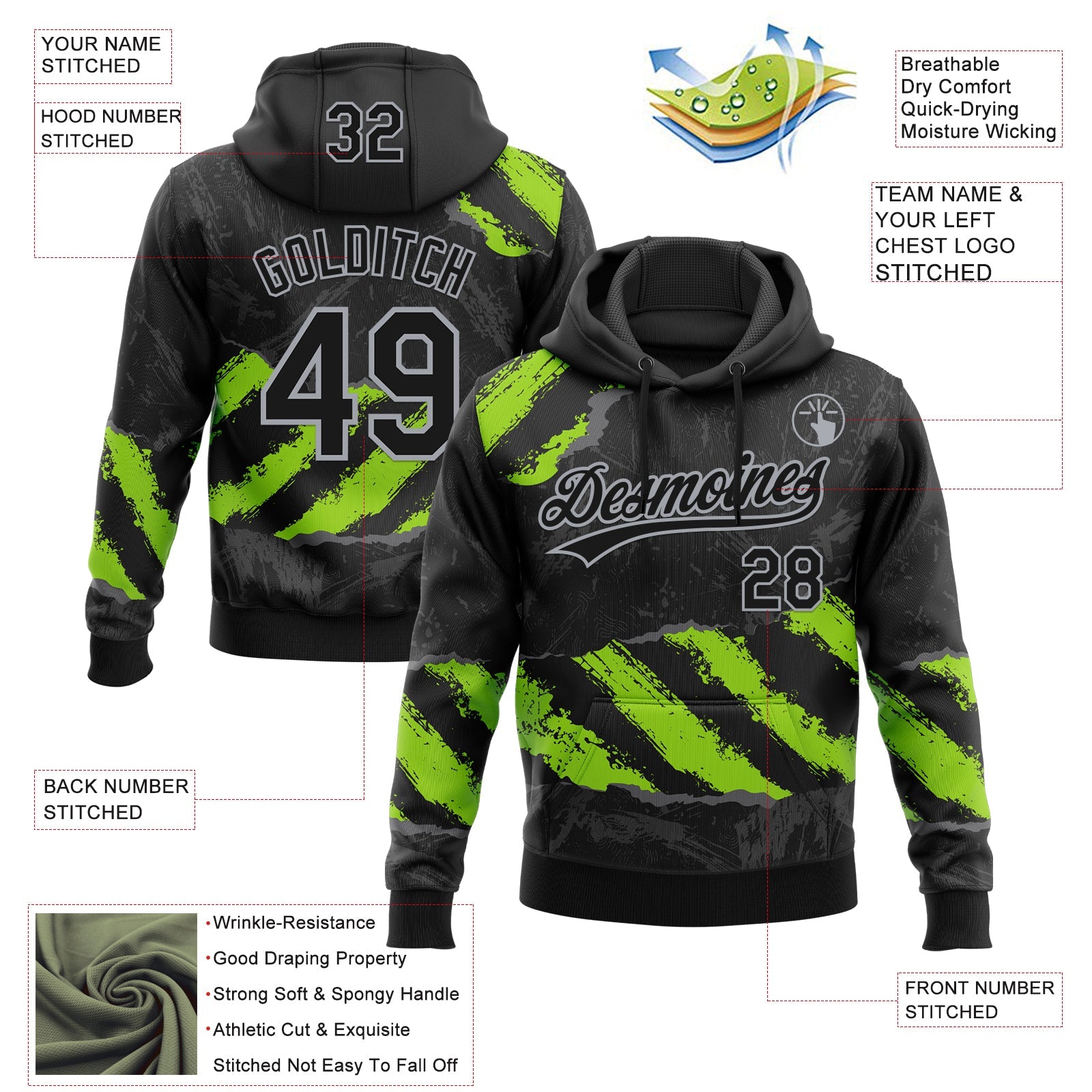 Custom Stitched Black Neon Green Steel Gray-Gray 3D Pattern Design Splash Sports Pullover Sweatshirt Hoodie view 2