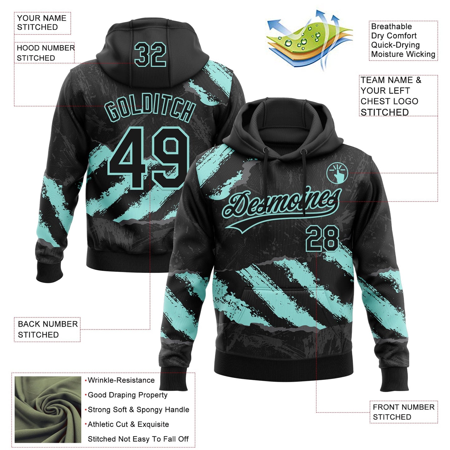 Custom Stitched Black Ice Blue-Steel Gray 3D Pattern Design Splash Sports Pullover Sweatshirt Hoodie view 2