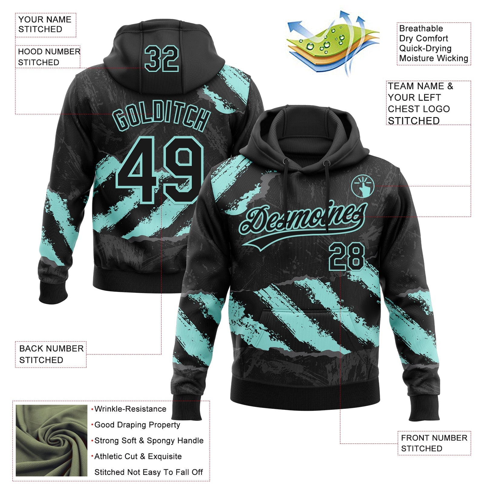 Custom Stitched Black Ice Blue-Steel Gray 3D Pattern Design Splash Sports Pullover Sweatshirt Hoodie view 2